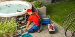 man installing hot tub